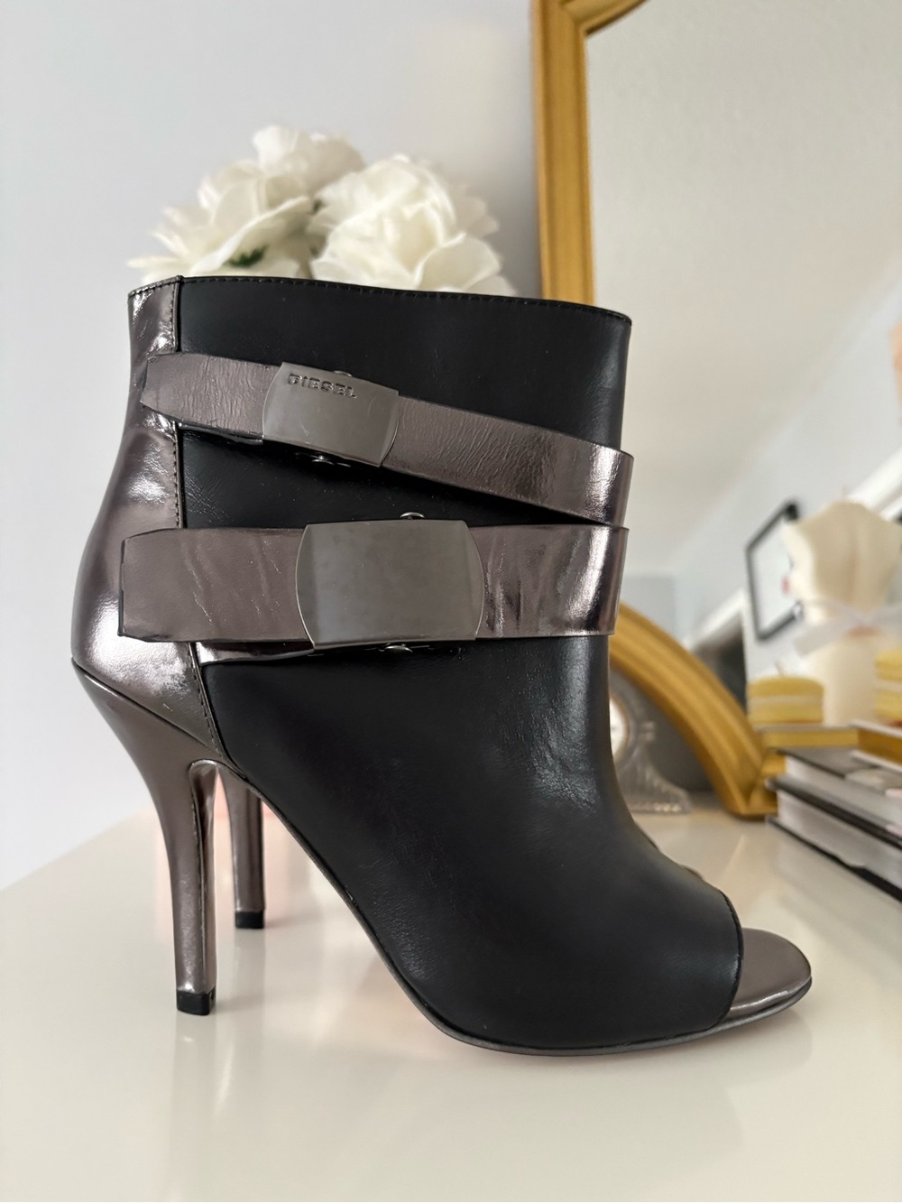 DIESEL Leather Peep-Toe Booties with Buckles